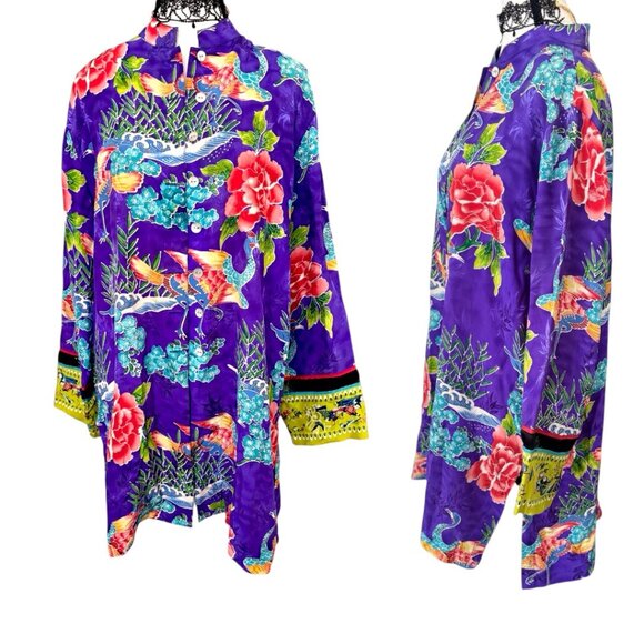 90'S VTG. RARE CHICOS DESIGN 100% SILK FAR EASTERN AESTHETIC TUNIC DRESS L/XL - Picture 2 of 7